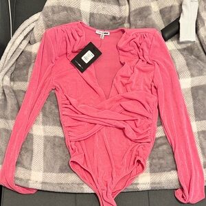 Fashion Nova Hot Pink Ruched Wrap-Front Long Sleeve Bodysuit